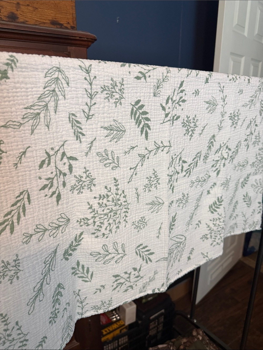 White Kids Throw Blanket with Sage Green Leaf Print 121